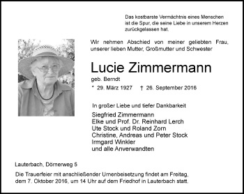 Traueranzeige von Lucie Zimmermann von VRM Trauer