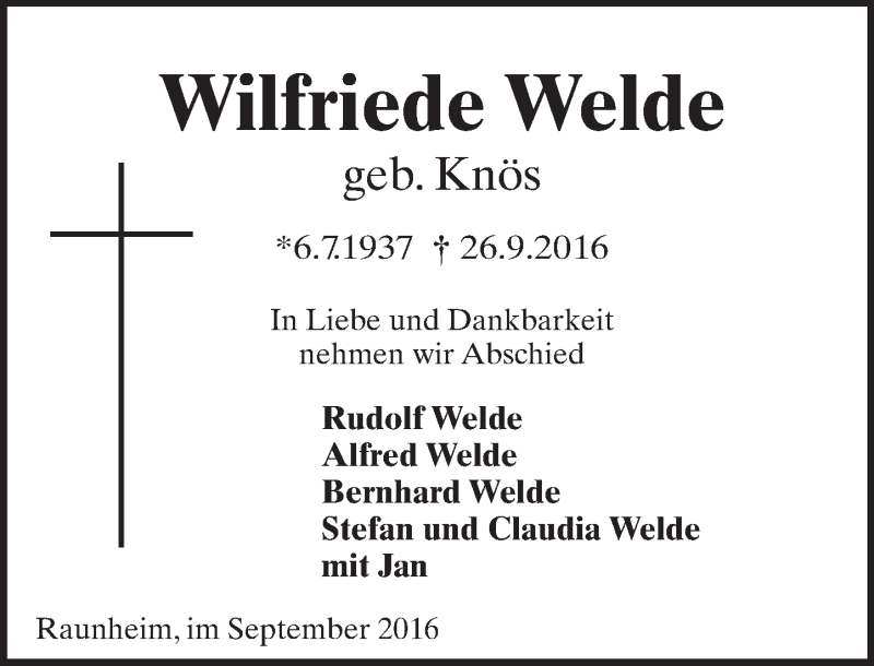  Traueranzeige für Wilfriede Welde vom 01.10.2016 aus Trauerportal Rhein Main Presse