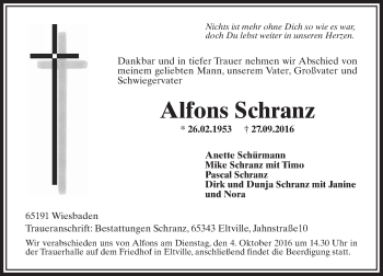 Traueranzeige von Alfons Schranz von Trauerportal Rhein Main Presse