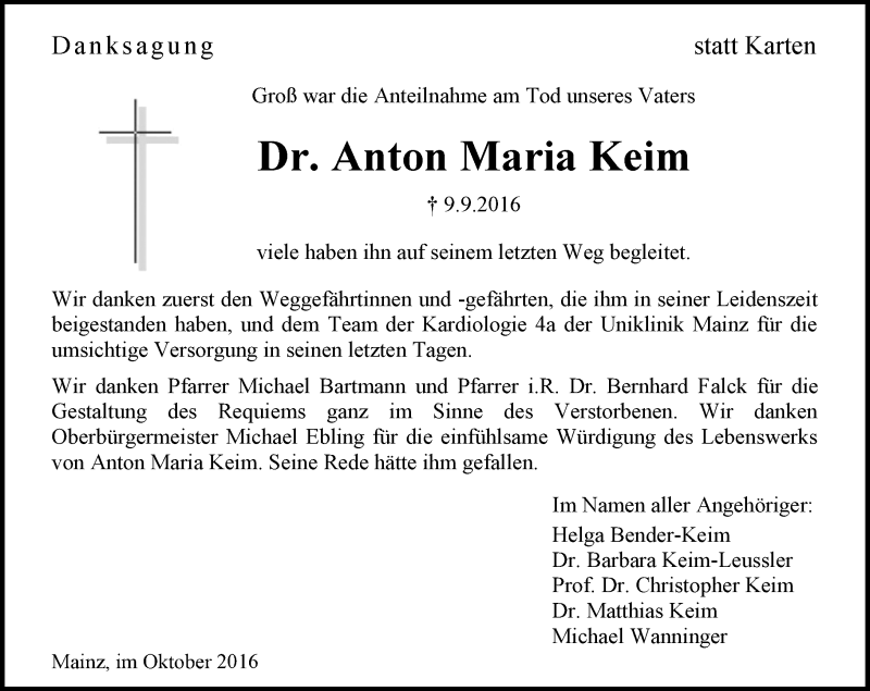  Traueranzeige für Anton Maria  Keim vom 01.10.2016 aus Trauerportal Rhein Main Presse