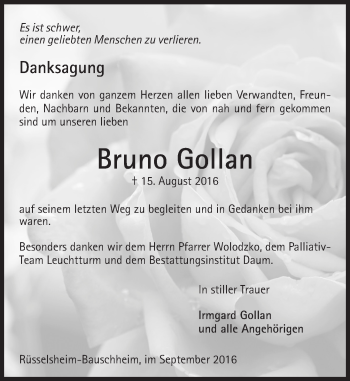 Traueranzeige von Bruno Gollan von Trauerportal Rhein Main Presse