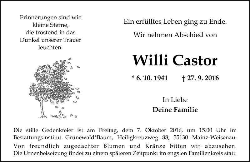  Traueranzeige für Willi Castor vom 01.10.2016 aus Trauerportal Rhein Main Presse