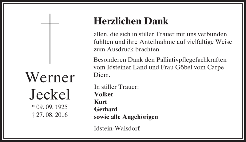  Traueranzeige für Werner Jeckel vom 15.09.2016 aus  Camberger Anzeiger