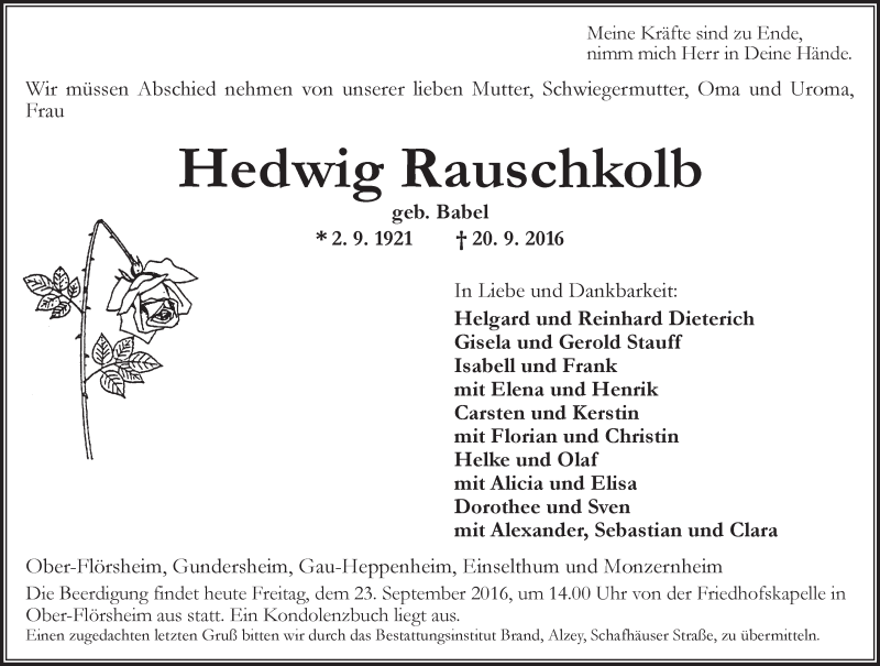  Traueranzeige für Hedwig Rauschkolb vom 23.09.2016 aus Trauerportal Rhein Main Presse