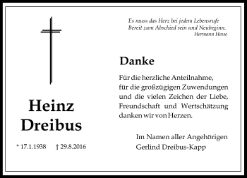 Traueranzeige von Heinz Dreibus von Trauerportal Rhein Main Presse
