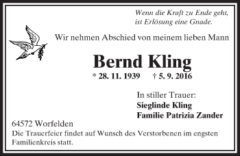 Traueranzeige von Bernd Kling von Trauerportal Echo Online
