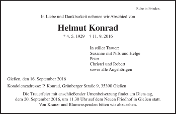 Traueranzeige von Helmut Konrad von  Gießener Anzeiger