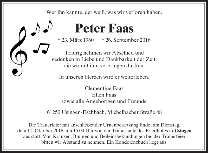  Traueranzeige für Peter Faas vom 01.10.2016 aus  Usinger Anzeiger