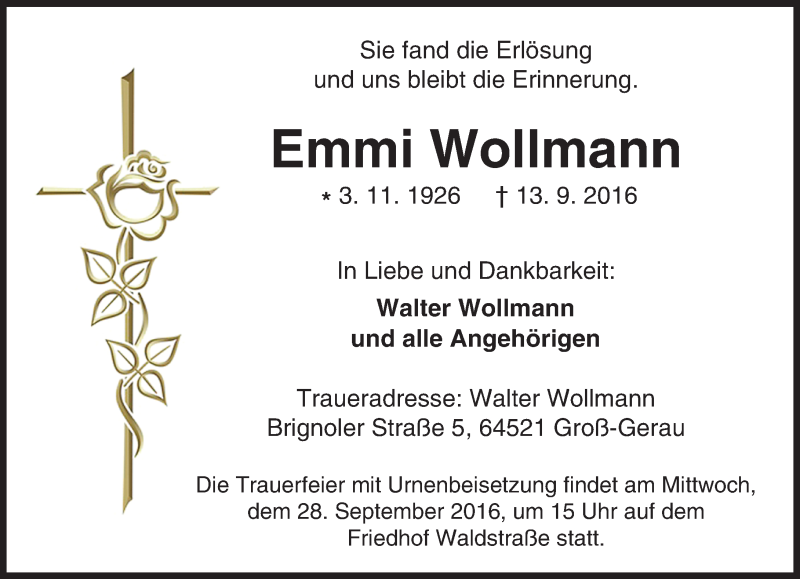  Traueranzeige für Emmi Wollmann vom 24.09.2016 aus Trauerportal Echo Online