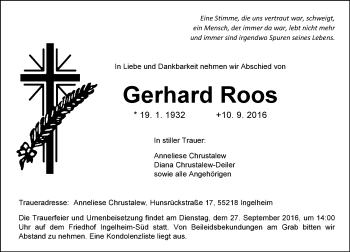 Traueranzeige von Gerhard Roos von Trauerportal Rhein Main Presse