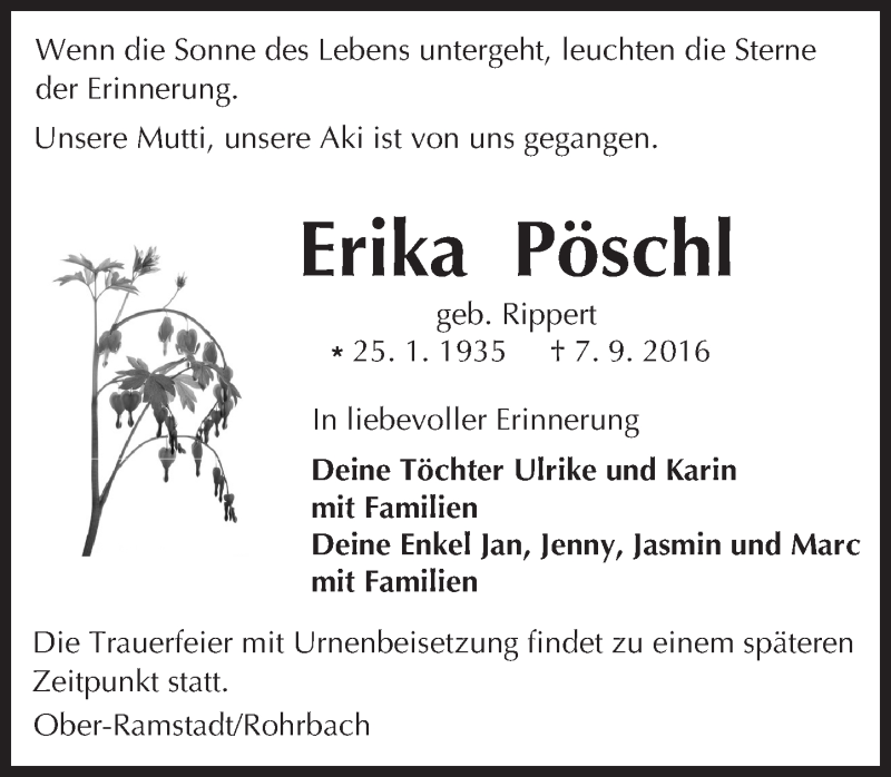  Traueranzeige für Erika Pöschl vom 17.09.2016 aus Trauerportal Echo Online