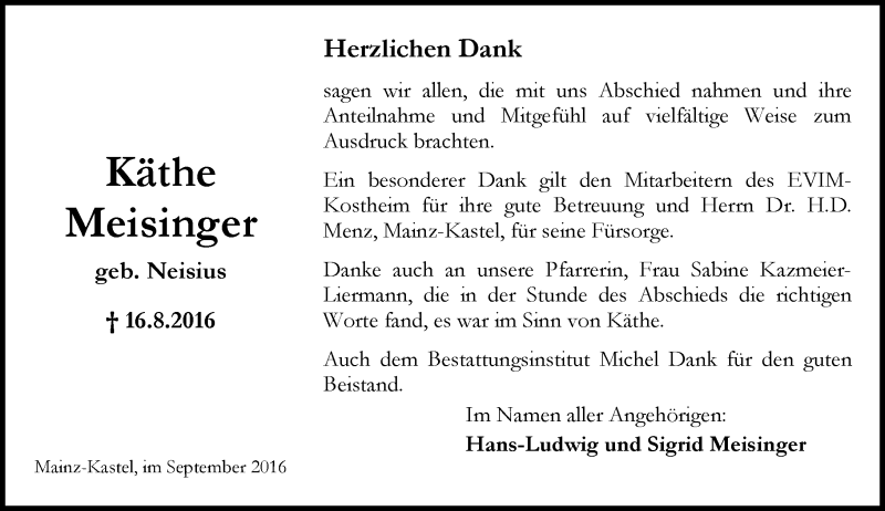  Traueranzeige für Käthe Meisinger vom 03.09.2016 aus Trauerportal Rhein Main Presse