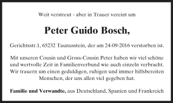 Traueranzeige von Peter Guido Bosch von Trauerportal Rhein Main Presse