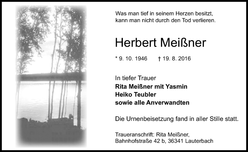  Traueranzeige für Herbert Meißner vom 03.09.2016 aus VRM Trauer