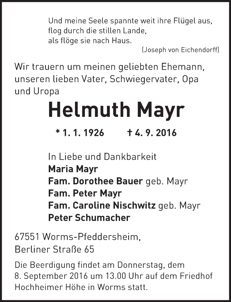  Traueranzeige für Helmuth Mayr vom 07.09.2016 aus Trauerportal Rhein Main Presse