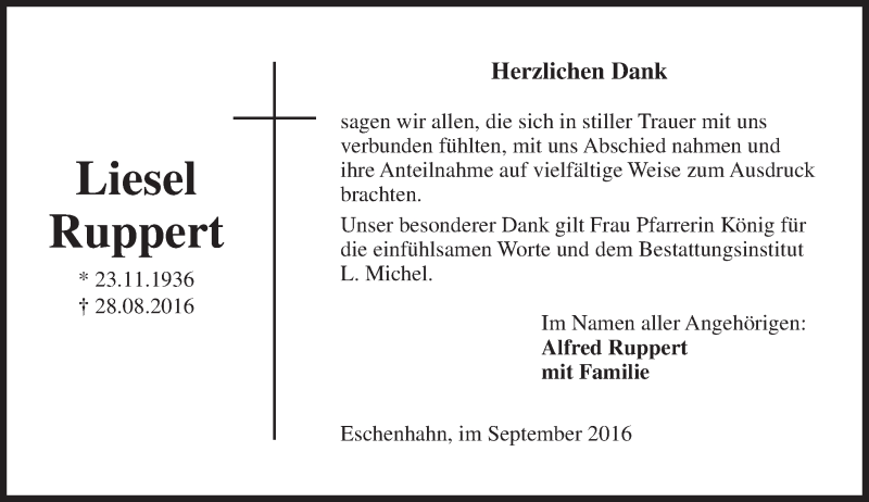  Traueranzeige für Liesel Ruppert vom 24.09.2016 aus Trauerportal Rhein Main Presse