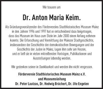 Traueranzeige von Anton Maria  Keim von Trauerportal Rhein Main Presse