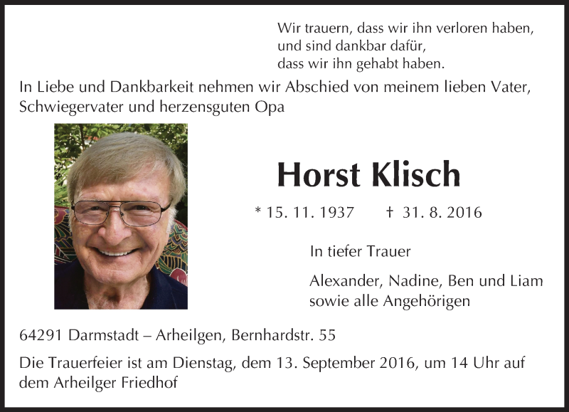  Traueranzeige für Horst Klisch vom 10.09.2016 aus Trauerportal Echo Online