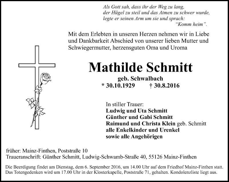  Traueranzeige für Mathilde Schmitt vom 03.09.2016 aus Trauerportal Rhein Main Presse