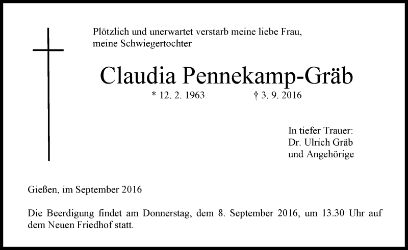  Traueranzeige für Claudia Pennekamp-Gräb vom 06.09.2016 aus  Gießener Anzeiger