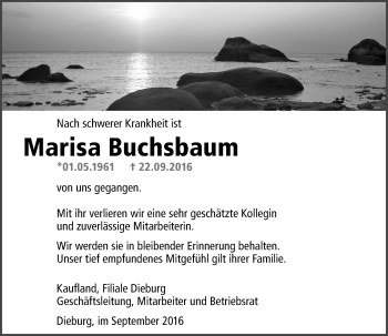 Traueranzeige von Marisa Buchsbaum von Trauerportal Echo Online