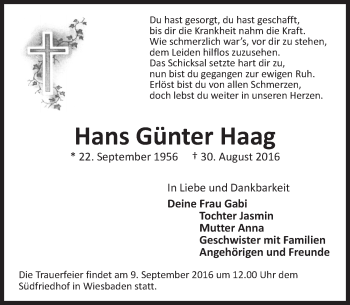 Traueranzeige von Hans Günter Haag von Trauerportal Rhein Main Presse