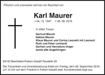 Traueranzeige von Karl Maurer von Trauerportal Echo Online