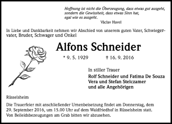 Traueranzeige von Alfons Schneider von Trauerportal Rhein Main Presse