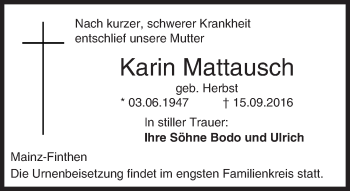 Traueranzeige von Karin Mattausch von Trauerportal Rhein Main Presse