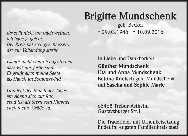  Traueranzeige für Brigitte Mundschenk vom 14.09.2016 aus Trauerportal Rhein Main Presse
