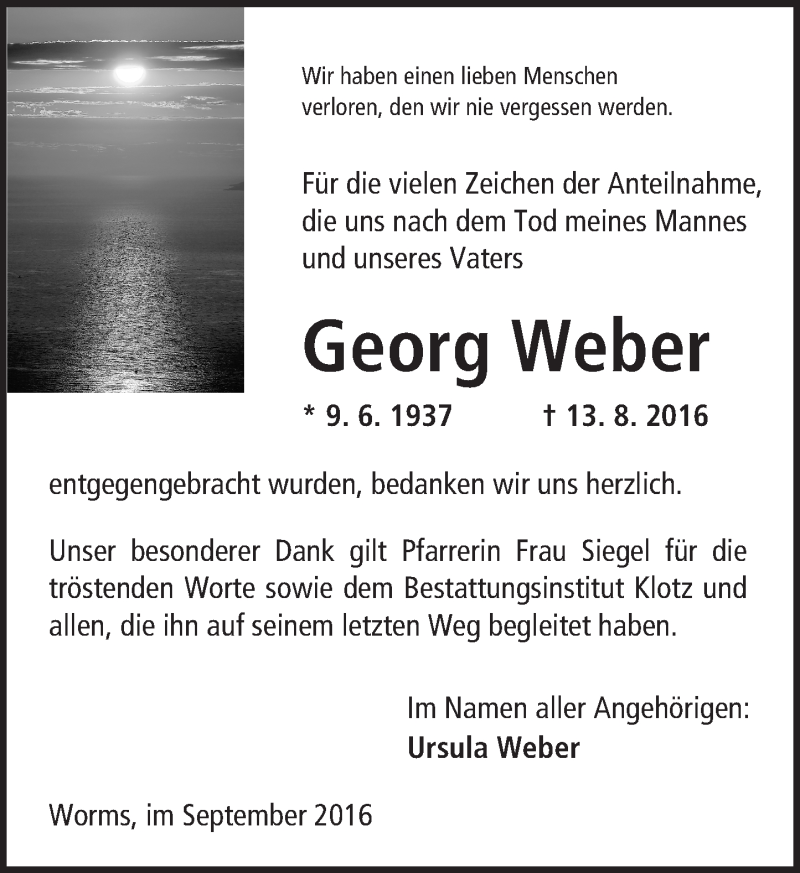  Traueranzeige für Georg Weber vom 10.09.2016 aus Trauerportal Rhein Main Presse