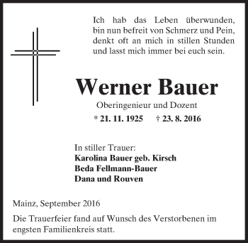 Traueranzeige von Werner Bauer von Trauerportal Rhein Main Presse