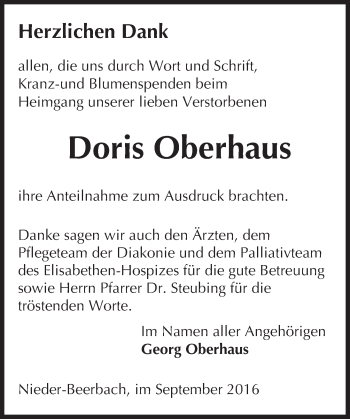 Traueranzeige von Doris Oberhaus von Trauerportal Echo Online