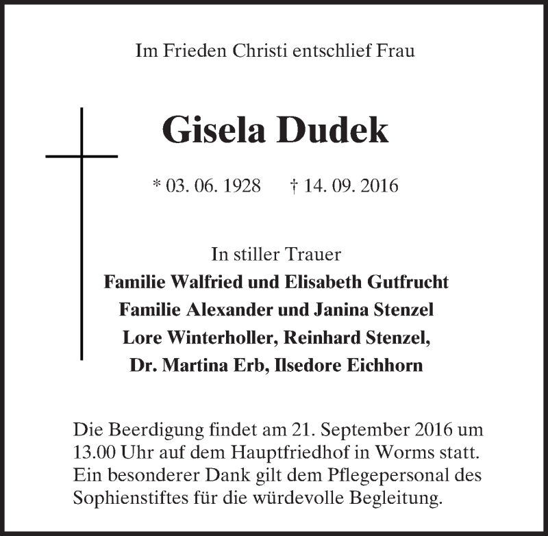  Traueranzeige für Gisela Dudek vom 19.09.2016 aus Trauerportal Rhein Main Presse