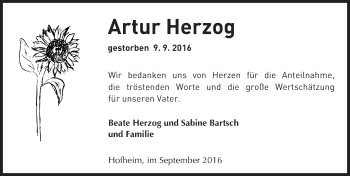 Traueranzeige von Artur Herzog von Trauerportal Rhein Main Presse