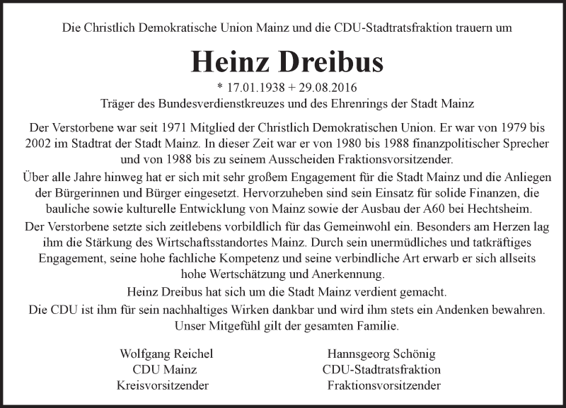  Traueranzeige für Heinz Dreibus vom 01.09.2016 aus Trauerportal Rhein Main Presse