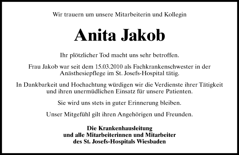  Traueranzeige für Anita Jakob vom 14.09.2016 aus Trauerportal Rhein Main Presse