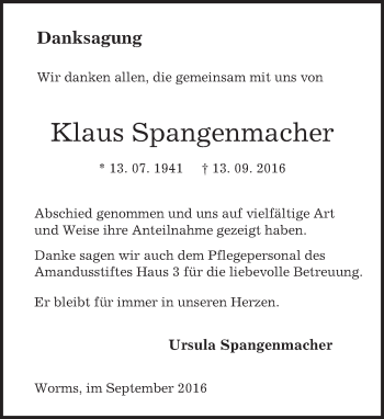 Traueranzeige von Klaus Spangenmacher von Trauerportal Rhein Main Presse