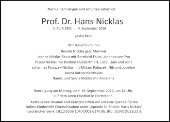Traueranzeige von Hans Nicklas von Trauerportal Echo Online