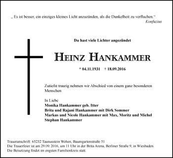 Traueranzeige von Heinz Hankammer von Trauerportal Rhein Main Presse