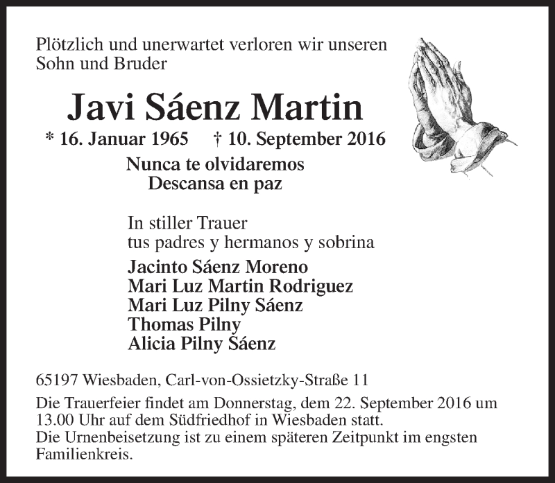  Traueranzeige für Javi Sáenz Martin vom 17.09.2016 aus Trauerportal Rhein Main Presse