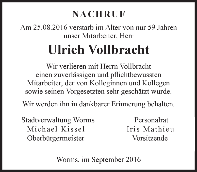  Traueranzeige für Ulrich Vollbracht vom 03.09.2016 aus Trauerportal Rhein Main Presse