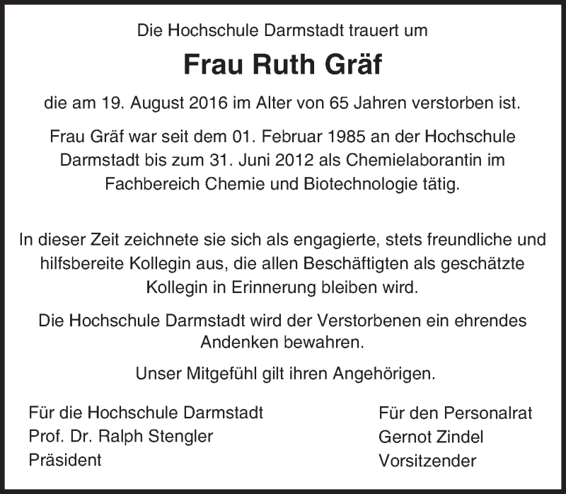  Traueranzeige für Ruth Gräf vom 02.09.2016 aus Trauerportal Echo Online