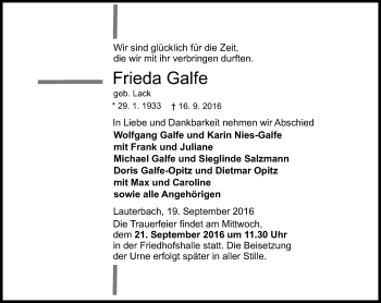 Traueranzeige von Frieda Galfe von VRM Trauer