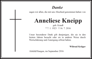 Traueranzeige von Anneliese Kneipp von VRM Trauer