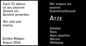 Traueranzeige von Atze  von  Gießener Anzeiger