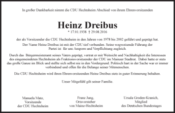 Traueranzeige von Heinz Dreibus von Trauerportal Rhein Main Presse