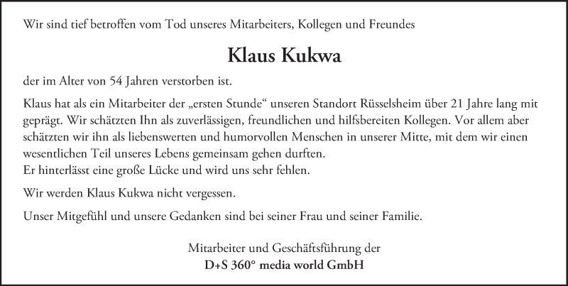  Traueranzeige für Klaus Kukwa vom 03.09.2016 aus Trauerportal Rhein Main Presse