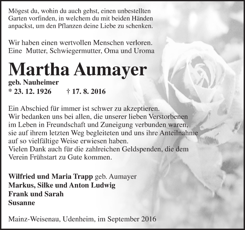  Traueranzeige für Martha Aumayer vom 24.09.2016 aus Trauerportal Rhein Main Presse