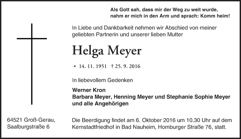  Traueranzeige für Helga Meyer vom 01.10.2016 aus Trauerportal Echo Online